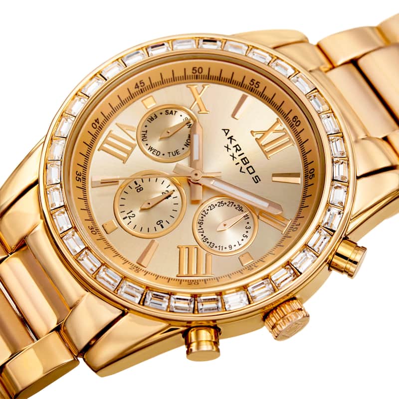 Akribos XXIV Women's Swiss Quartz Multifunction Swarovski Crystal Gold-Tone Bracelet Watch