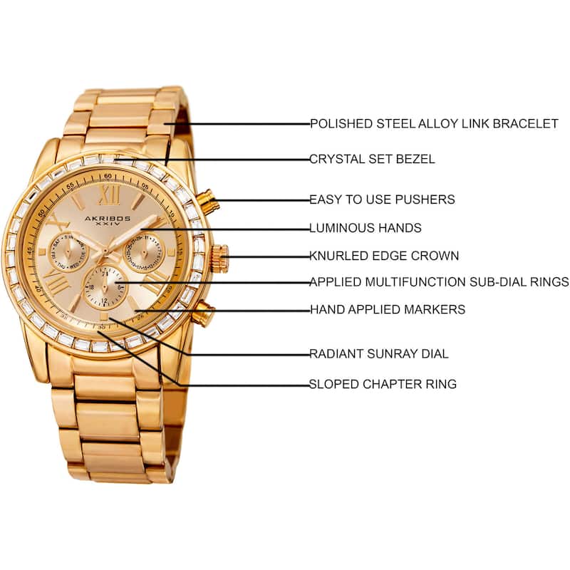Akribos XXIV Women's Swiss Quartz Multifunction Swarovski Crystal Gold-Tone Bracelet Watch