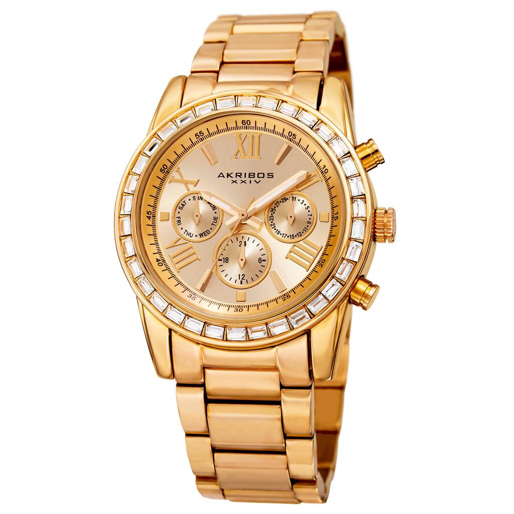 Akribos XXIV Women's Swiss Quartz Multifunction Swarovski Crystal Gold-Tone Bracelet Watch