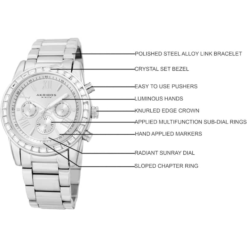 Akribos XXIV Women's Swiss Quartz Multifunction Swarovski Crystal Silver-Tone Bracelet Watch