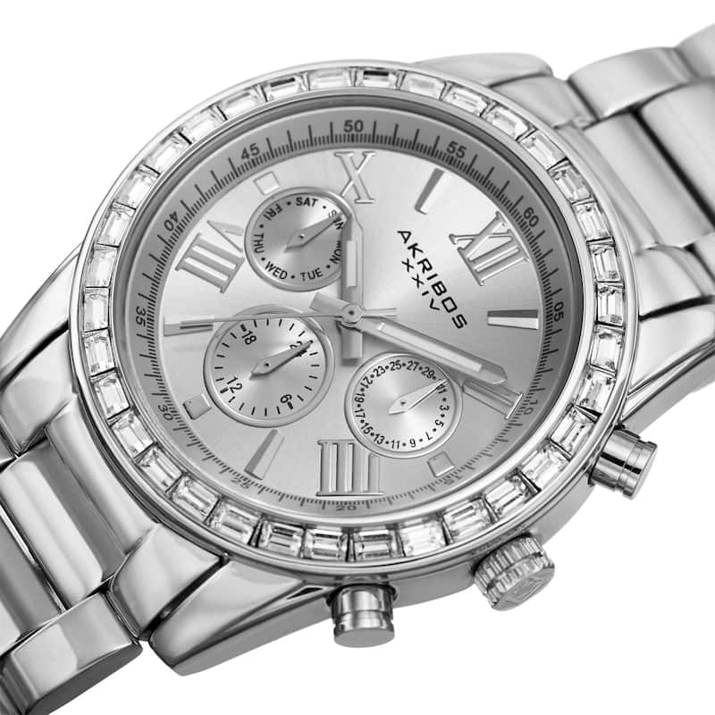 Akribos XXIV Women's Swiss Quartz Multifunction Swarovski Crystal Silver-Tone Bracelet Watch