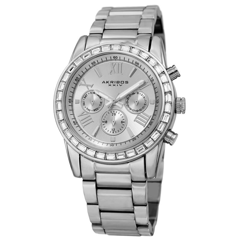 Akribos XXIV Women's Swiss Quartz Multifunction Swarovski Crystal Silver-Tone Bracelet Watch