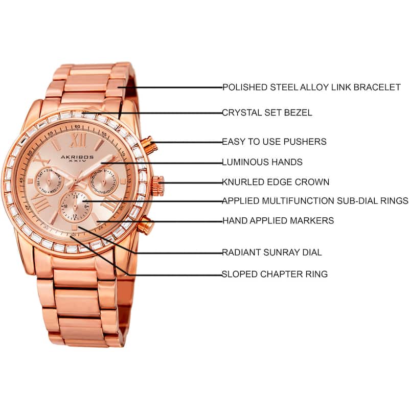 Akribos XXIV Women's Swiss Quartz Multifunction Swarovski Crystal Rose-Tone Bracelet Watch