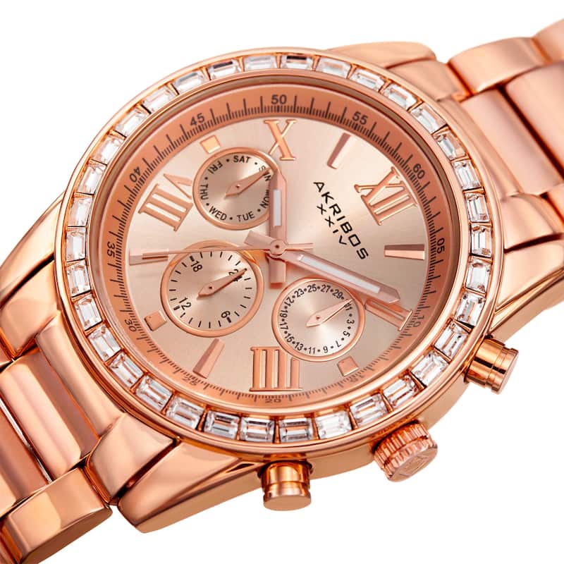 Akribos XXIV Women's Swiss Quartz Multifunction Swarovski Crystal Rose-Tone Bracelet Watch