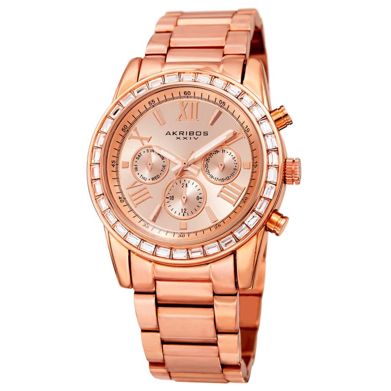 Akribos XXIV Women's Swiss Quartz Multifunction Swarovski Crystal Rose-Tone Bracelet Watch
