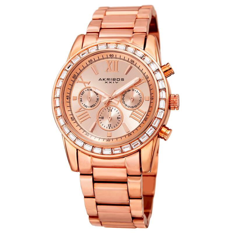 Akribos XXIV Women's Swiss Quartz Multifunction Swarovski Crystal Rose-Tone Bracelet Watch