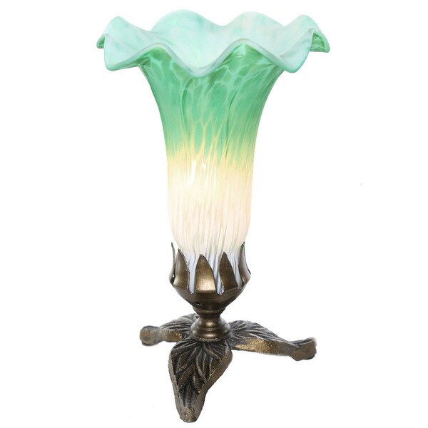 River of Goods Green/White Art Glass/Metal Handpainted Lily Lamp with Leaf Base
