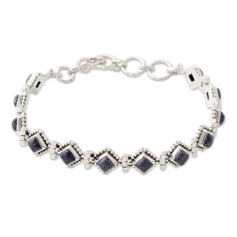 NOVICA Handmade Deep Blue Diamonds Sterling Silver Lapis Lazuli Bracelet (India) - Blue - 8 Inch - Blue - White