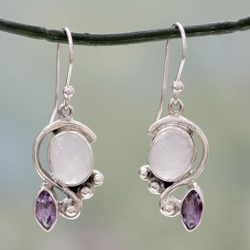 Handmade Sterling Silver 'Yours Forever' Moonstone Amethyst Earrings (India) - 1.6*0.5