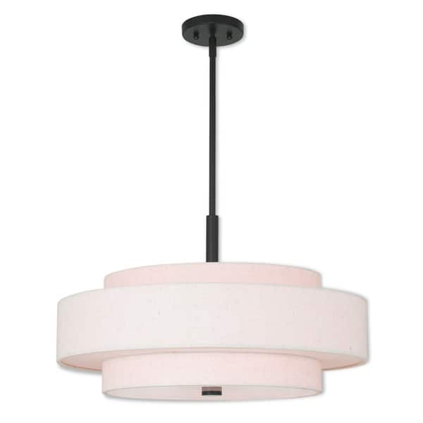 slide 2 of 2, Livex Lighting Meridian English Bronze Steel/Fabric/Linen 5-light Pendant