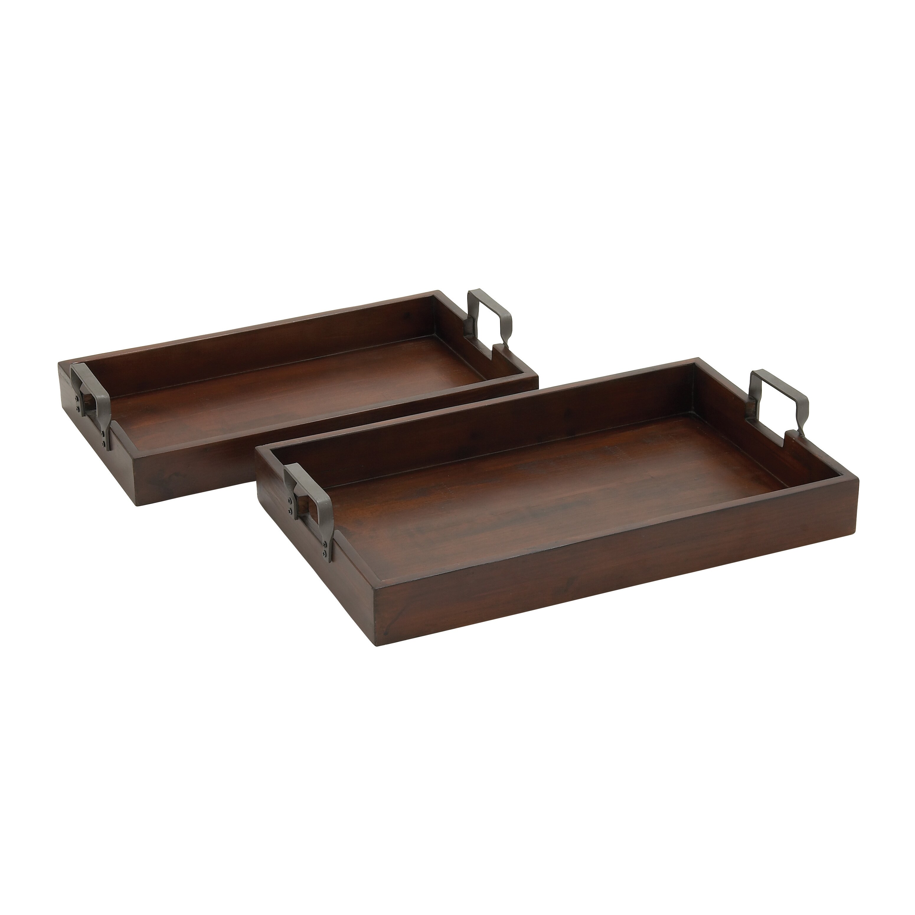 Dark Brown Wood Metal Tray Set Of 2 22 20w