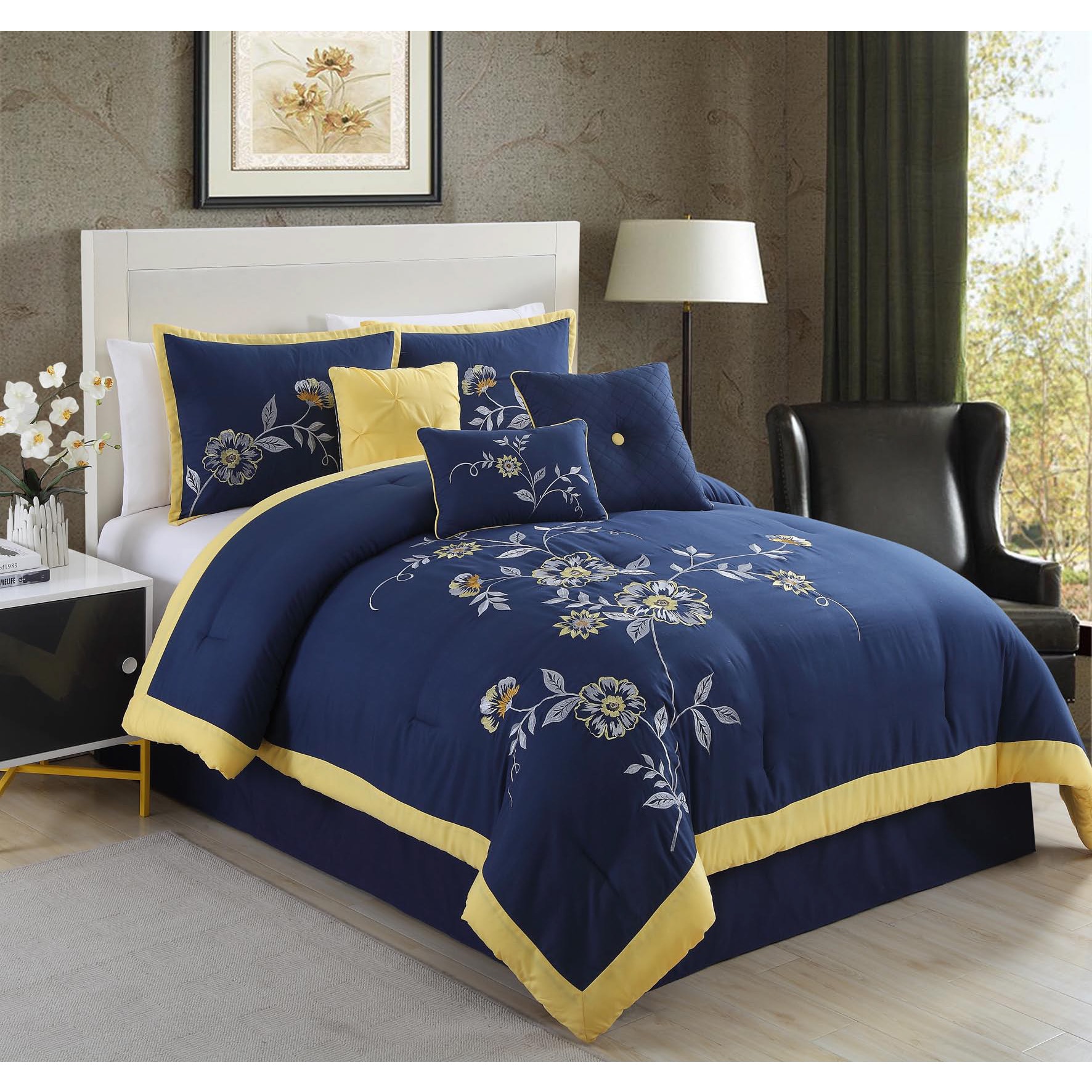 Violet Navy Embroidery 7-piece Comforter Set - Bed Bath & Beyond