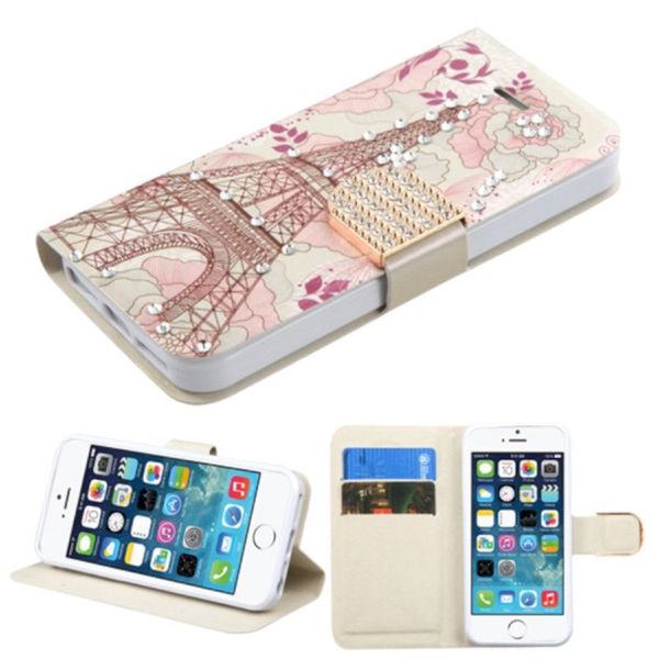 Insten Pink Eiffel Tower Leather Case Cover with Stand/ Wallet Flap Pouch/ Diamond For Apple iPhone 5/ 5C/ 5S/ SE