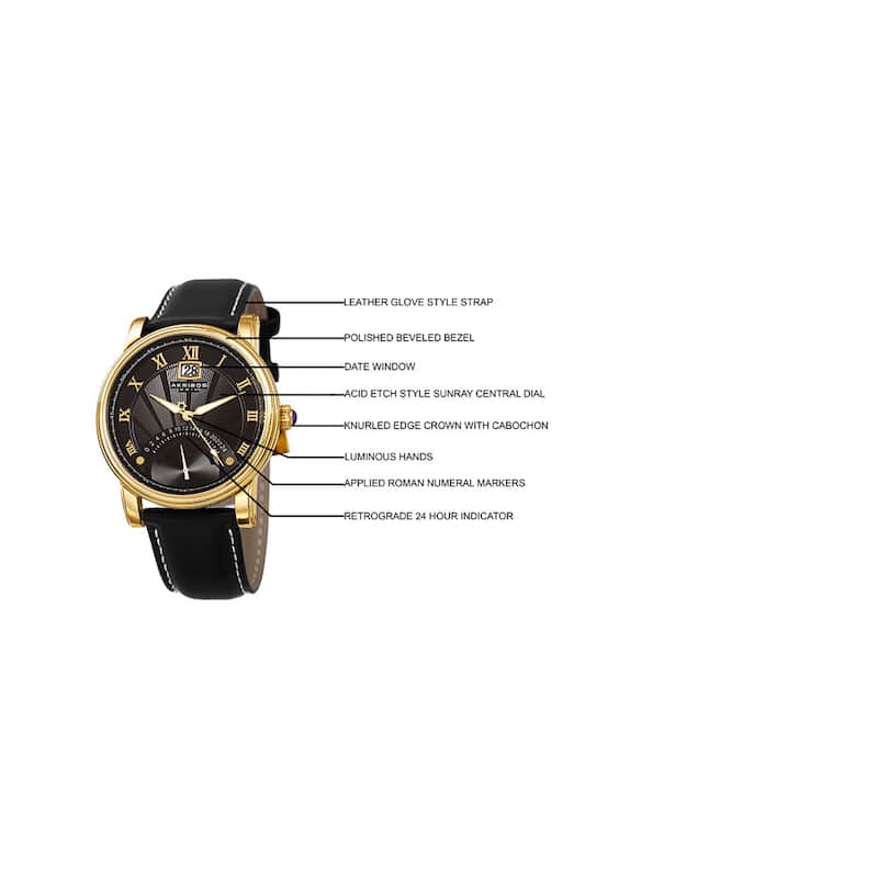 Akribos XXIV Men's Quartz Retrograde Dual-Time Gold-Tone Leather Strap Watch