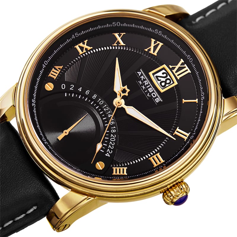 Akribos XXIV Men's Quartz Retrograde Dual-Time Gold-Tone Leather Strap Watch