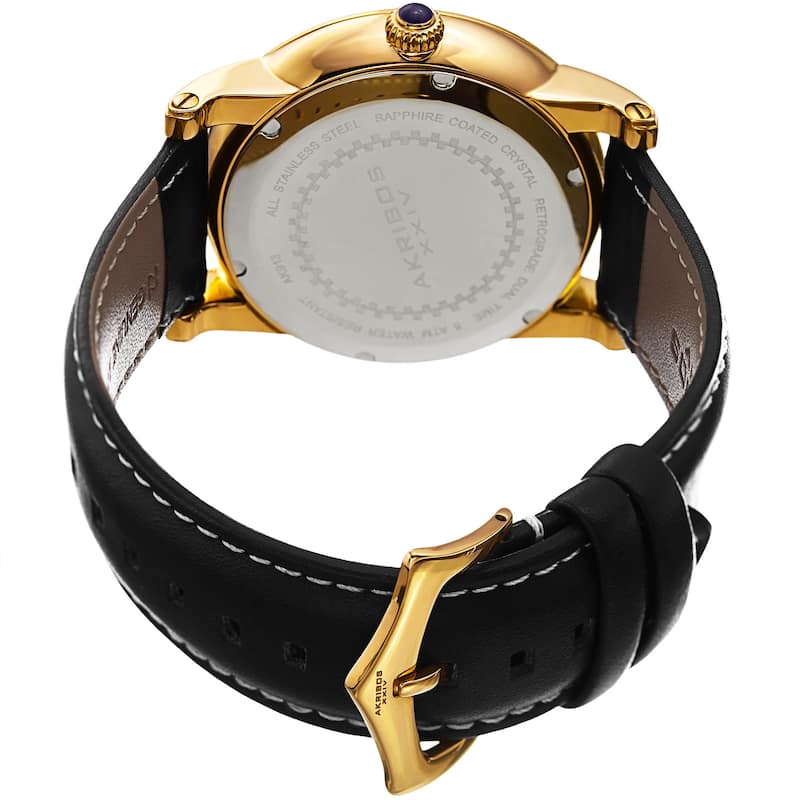 Akribos XXIV Men's Quartz Retrograde Dual-Time Gold-Tone Leather Strap Watch