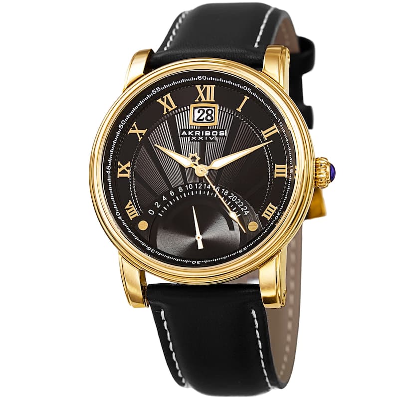 Akribos XXIV Men's Quartz Retrograde Dual-Time Gold-Tone Leather Strap Watch