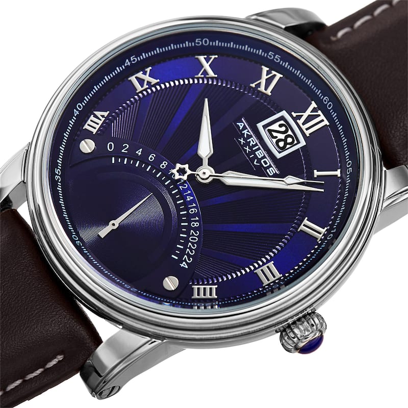 Akribos XXIV Men's Quartz Retrograde Dual-Time Blue Leather Strap Watch