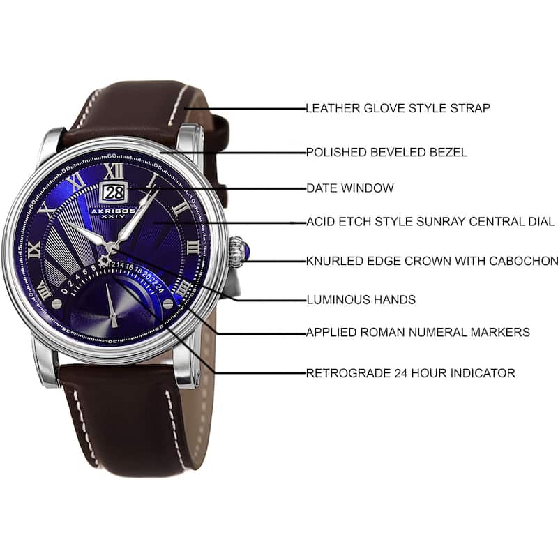 Akribos XXIV Men's Quartz Retrograde Dual-Time Blue Leather Strap Watch