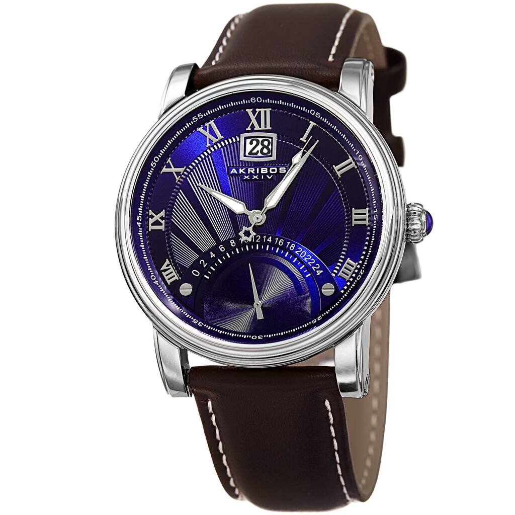 Akribos XXIV Men's Quartz Retrograde Dual-Time Blue Leather Strap Watch