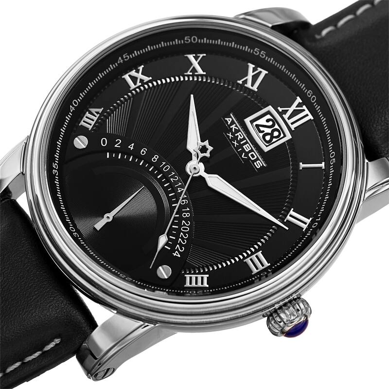 Akribos XXIV Men's Quartz Retrograde Dual-Time Silver-Tone Leather Strap Watch