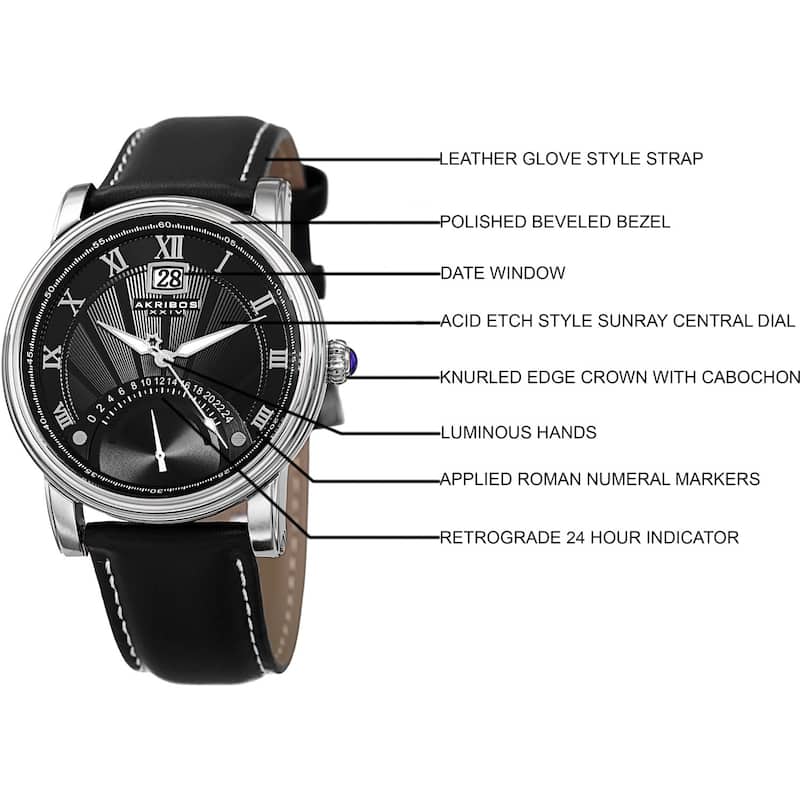 Akribos XXIV Men's Quartz Retrograde Dual-Time Silver-Tone Leather Strap Watch
