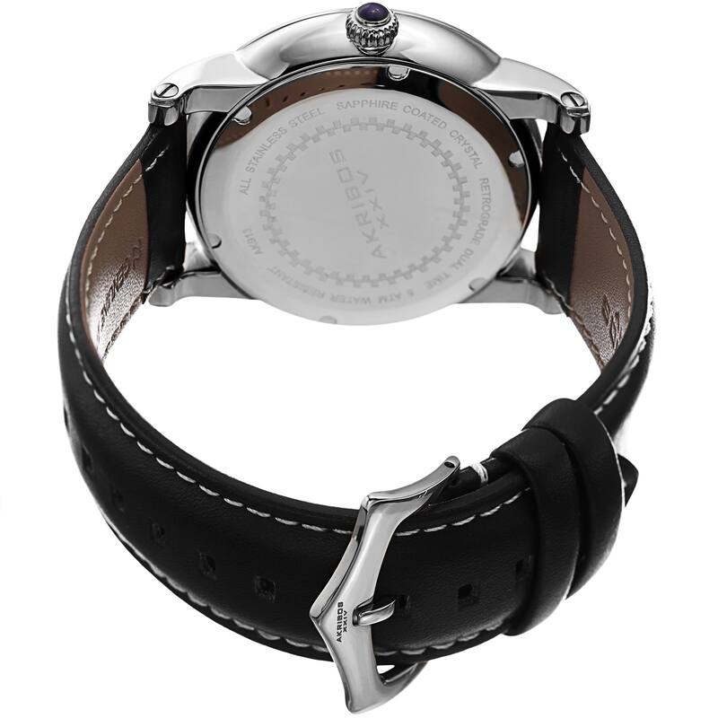 Akribos XXIV Men's Quartz Retrograde Dual-Time Silver-Tone Leather Strap Watch