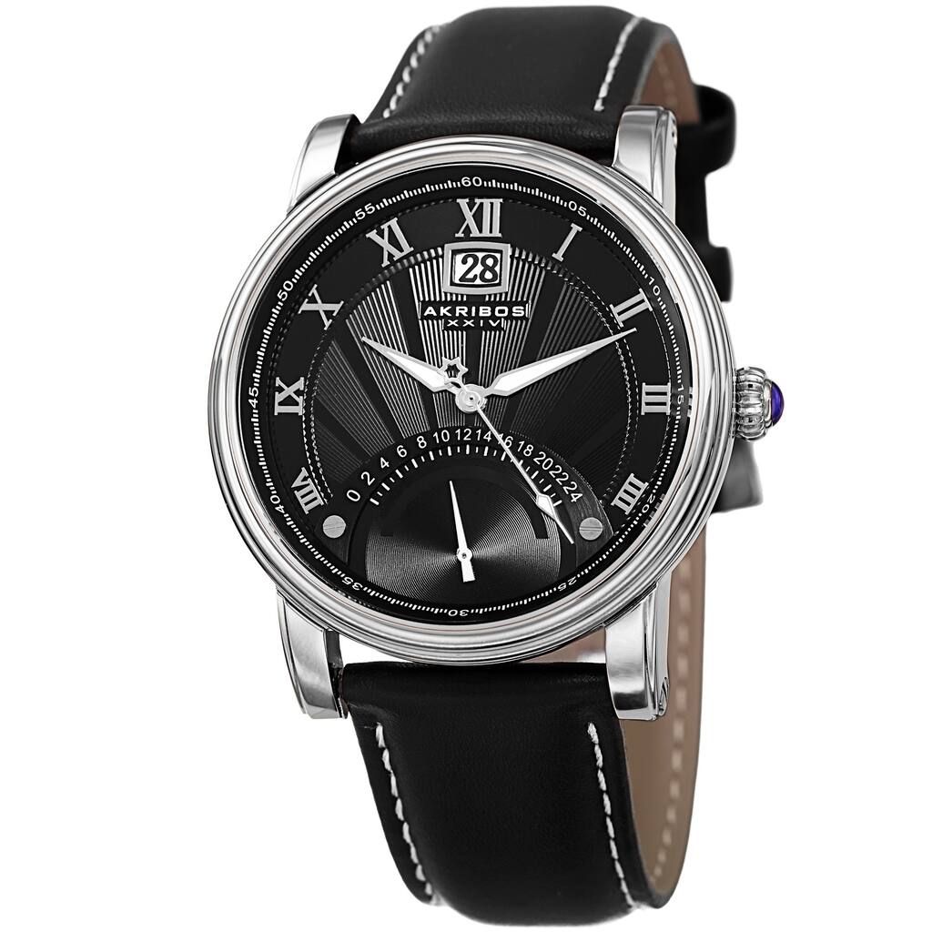 Akribos XXIV Men's Quartz Retrograde Dual-Time Silver-Tone Leather Strap Watch