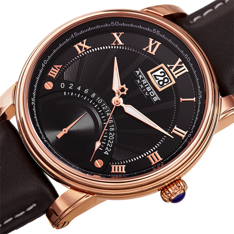 Akribos XXIV Men's Quartz Retrograde Dual-time Watch with Brown Leather Strap