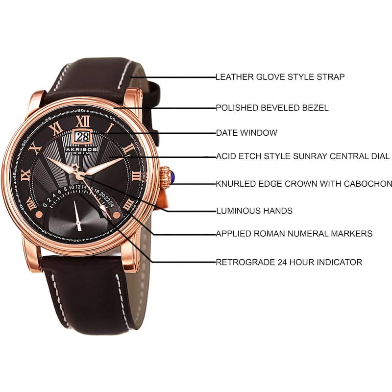 Akribos XXIV Men's Quartz Retrograde Dual-time Watch with Brown Leather Strap