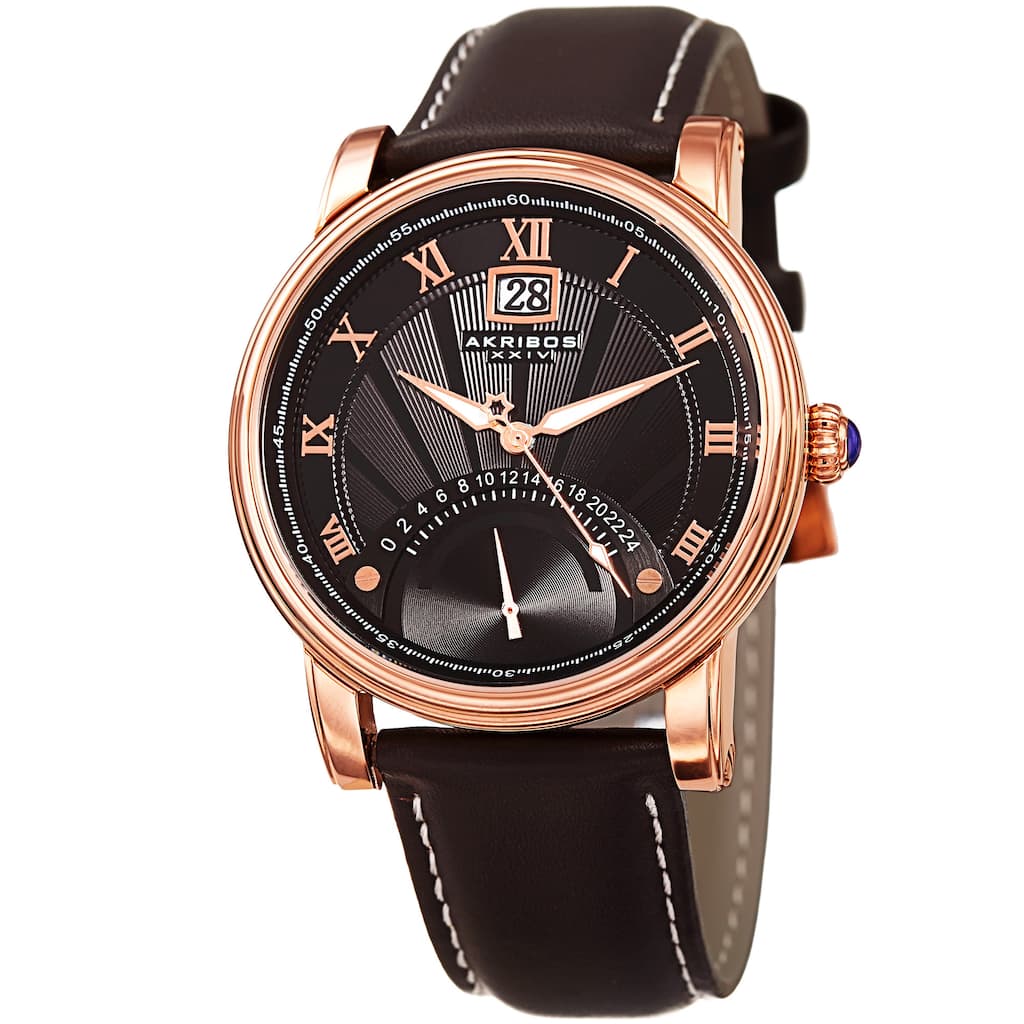 Akribos XXIV Men's Quartz Retrograde Dual-time Watch with Brown Leather Strap
