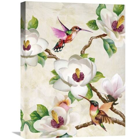 Global Gallery Terry Wang 'Magnolia and Humming Birds' Stretched Canvas Artwork - White