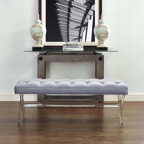 Grey Velvet Acrylic Stainless Steel Finished Claira Lucite Bench