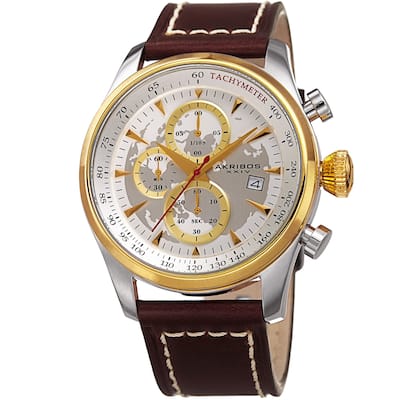 Akribos XXIV Men's Quartz Chronograph Gold-Tone Leather Strap Watch