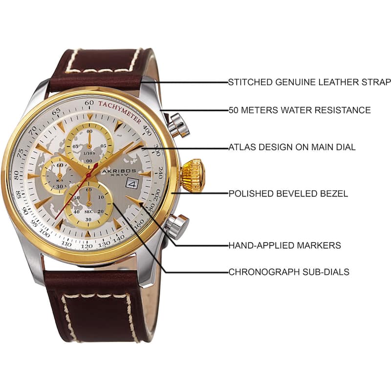 Akribos XXIV Men's Quartz Chronograph Gold-Tone Leather Strap Watch