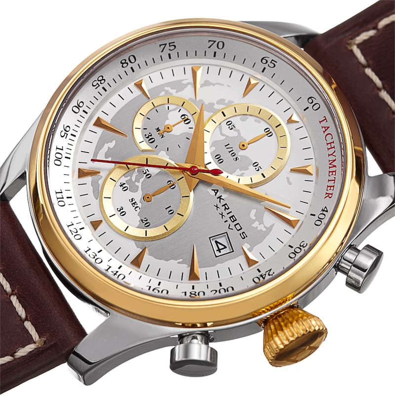 Akribos XXIV Men's Quartz Chronograph Gold-Tone Leather Strap Watch