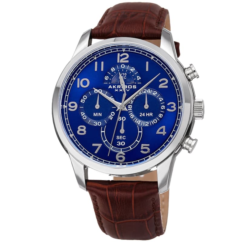 Akribos XXIV Men's Quartz Chronograph Silver-Tone Leather Strap Watch