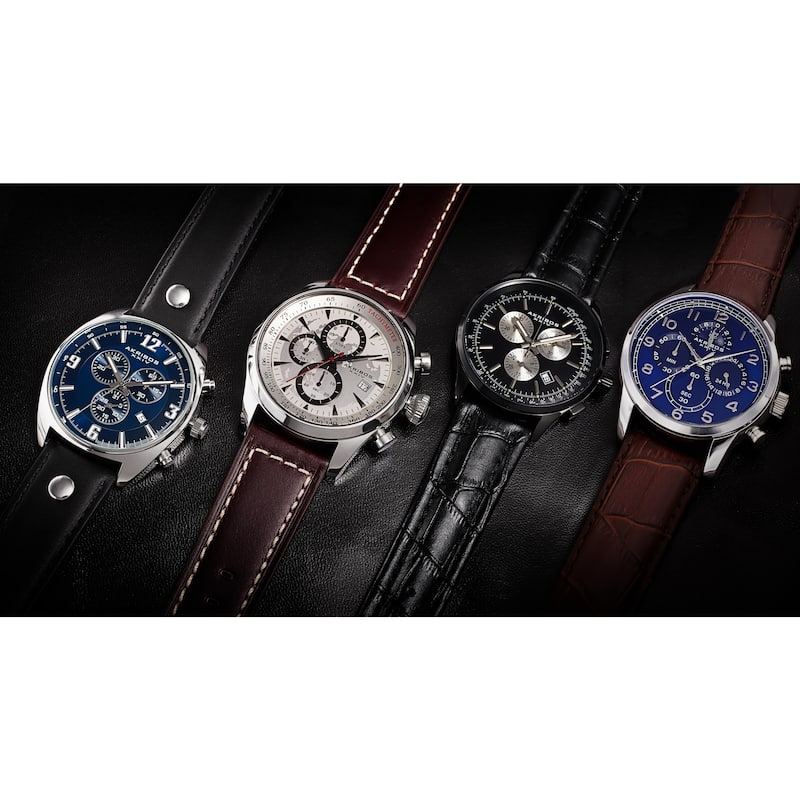 Akribos XXIV Men's Quartz Chronograph Silver-Tone Leather Strap Watch