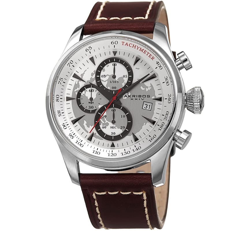 Akribos XXIV Men's Quartz Chronograph Silver-Tone Leather Strap Watch - White Dial, Brown Strap