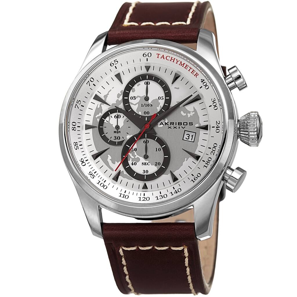 Akribos XXIV Men's Quartz Chronograph Silver-Tone Leather Strap Watch