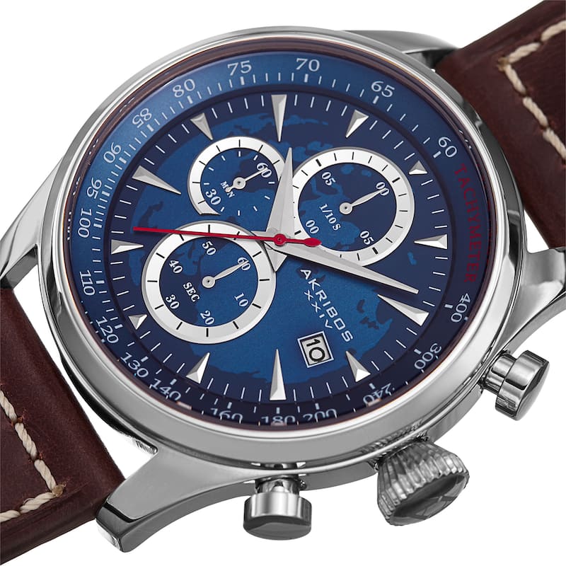 Akribos XXIV Men's Quartz Chronograph Blue Leather Strap Watch