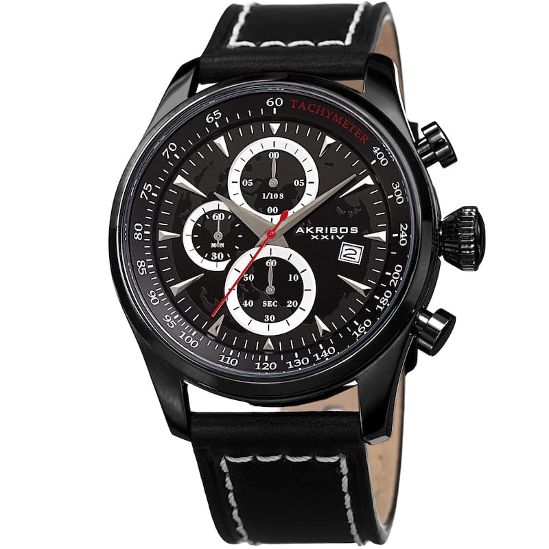 Akribos XXIV Men's Quartz Chronograph Black Leather Strap Watch