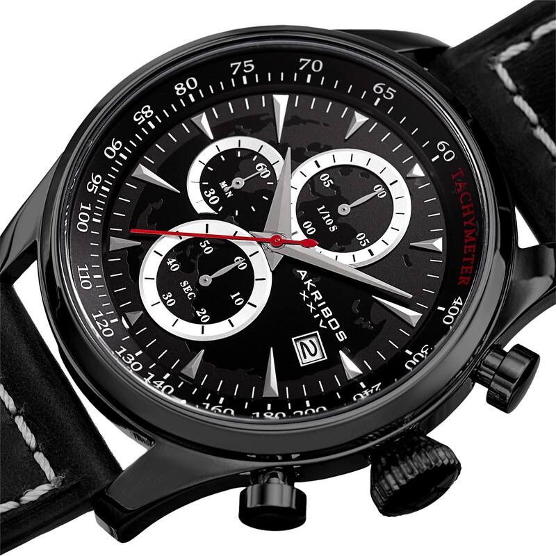 Akribos XXIV Men's Quartz Chronograph Black Leather Strap Watch