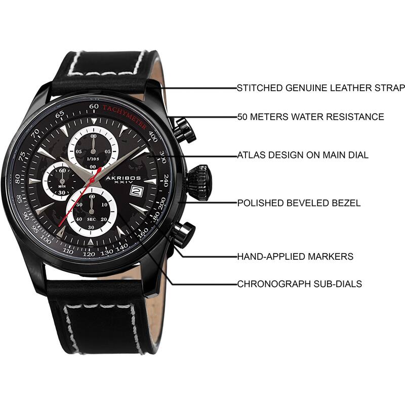 Akribos XXIV Men's Quartz Chronograph Black Leather Strap Watch