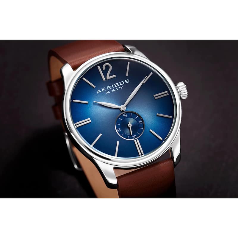 Akribos XXIV Men's Quartz Leather Blue Strap Watch