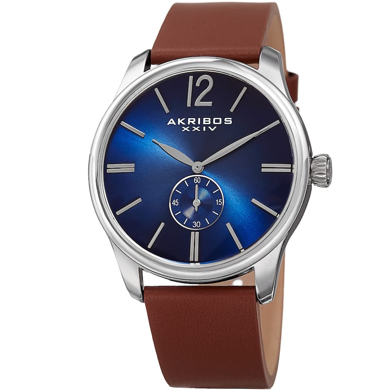 Akribos XXIV Men's Quartz Leather Blue Strap Watch - Brown Strap, Blue Dial