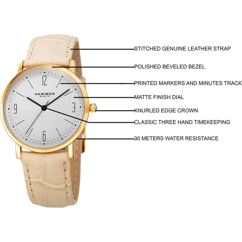 Akribos XXIV Women's Quartz Easy to Read Leather Beige Strap Watch