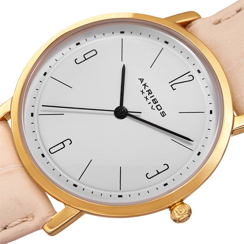 Akribos XXIV Women's Quartz Easy to Read Leather Beige Strap Watch