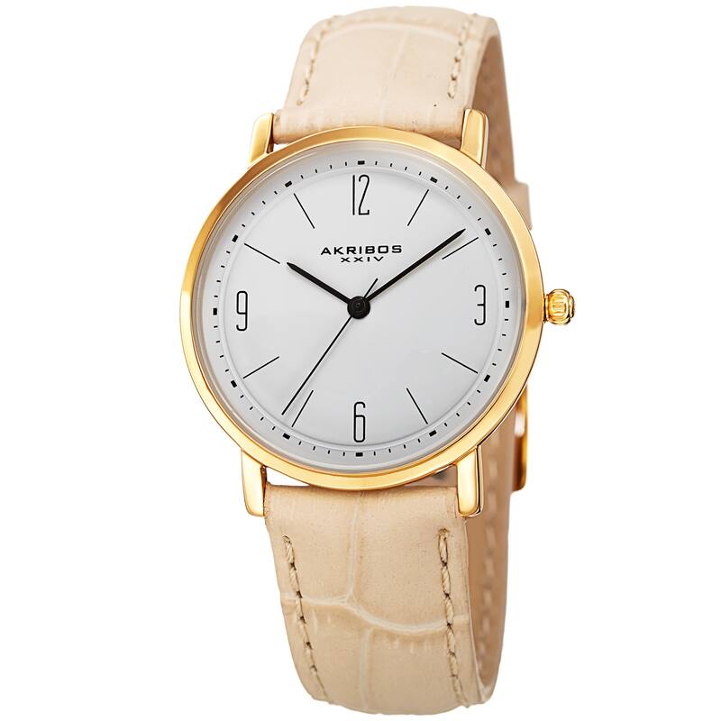 Akribos XXIV Women's Quartz Easy to Read Leather Beige Strap Watch