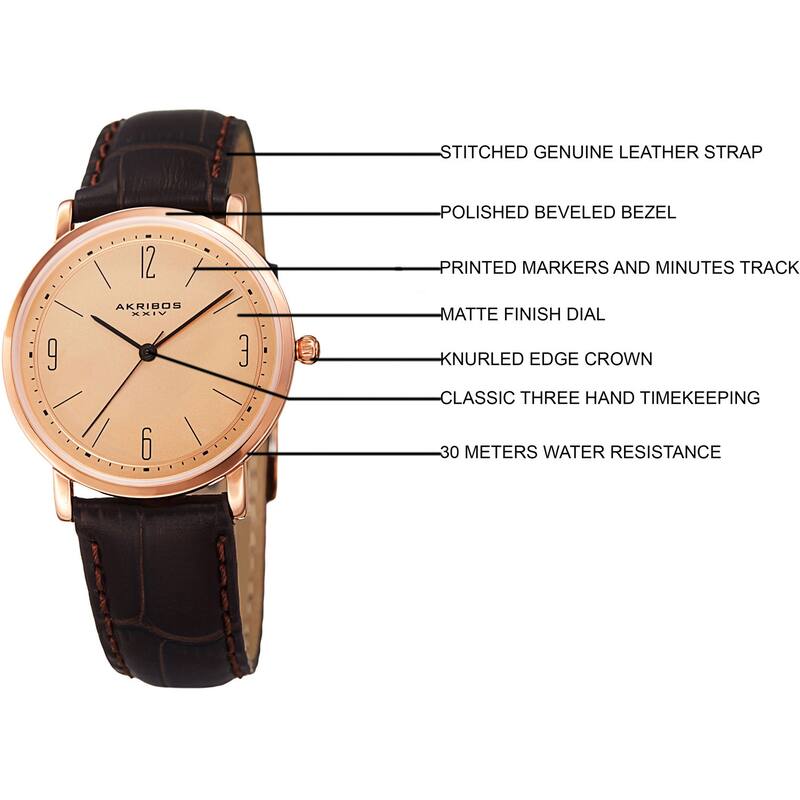 Akribos XXIV Women's Quartz Easy to Read Leather Brown Strap Watch